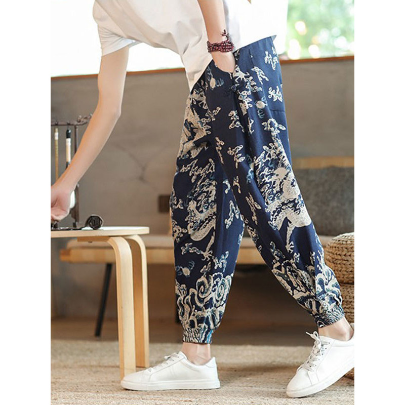 Estilo chinês verão estilo fino Retro Tang terno dragão Robe tornozelo comprimento calças masculinas soltas Harem calças