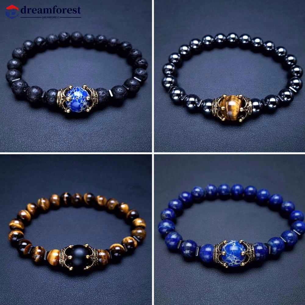 DREAMFOREST 8mm Masculino Hematita Olho De Tigre Vulcânico Preto Fosco Branco Pinho Grânulo Pulseira Corda Elástica Coro