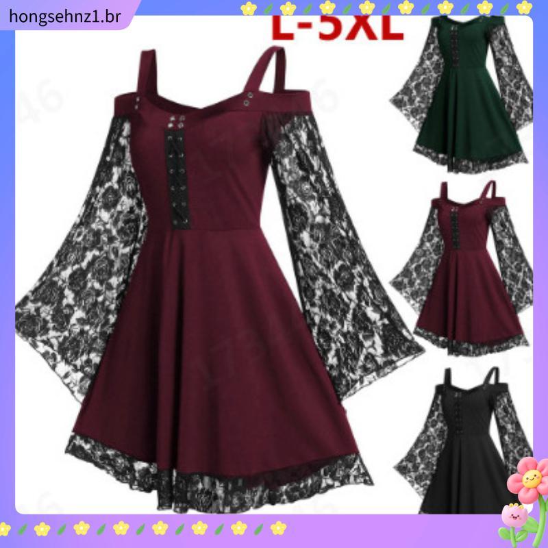 { C6 } Vestido Gótico Feminino com Ombros Descobertos, Manga Longa, Cintura Justa, Detalhes em Bandagem, Vestido de Fest