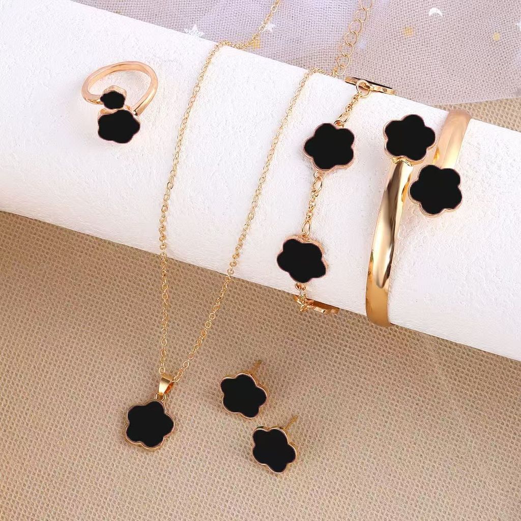 Conjunto de 5 peças: brincos colar pulseira e anel Conjunto Trevo de Quatro Folhas da Sorte Joias Femininas