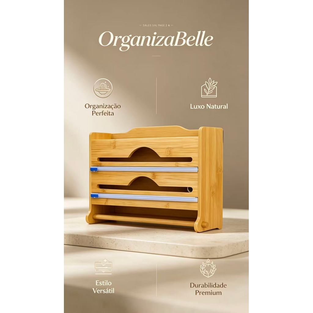 Organizador de Bambu Porta Tempero  Porta Papel Toalha, Porta Plástico Filme  Porta Alumínio C/Cortador - CX269