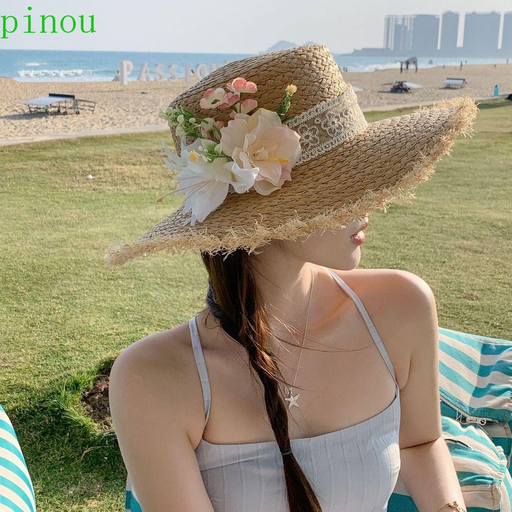 Chapéu De Palha Com Flor De Renda PINOU , Boné Plano Viseira Boho , Chapéus De Sol Femininos Estilo Coreano Borda De Bor