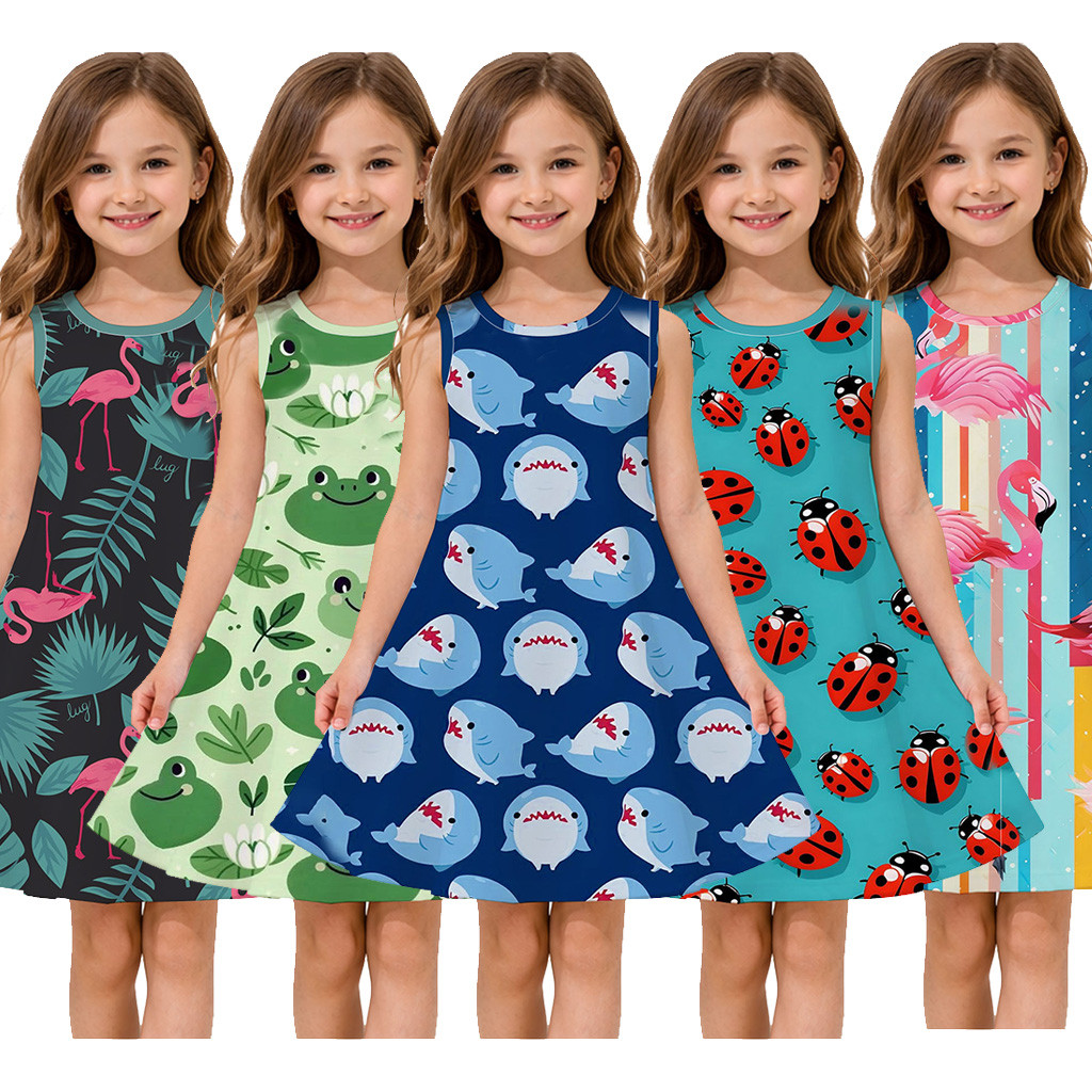 Vestido sem mangas de desenho animado para meninas de verão de 3 A 13 anos Cute Shark Ladybug Flamingo estampado férias