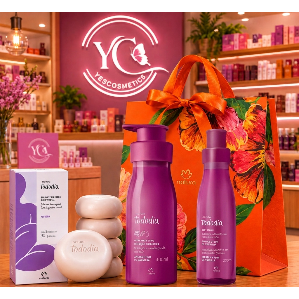 Kit Natura Sabonete, Creme e Body Splash Ameixa e Flor de Baunilha/ Algodão