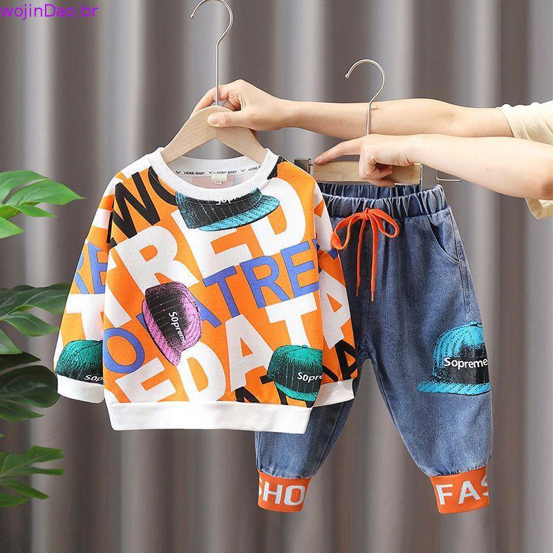 Roupas Para Crianças De Primavera Outono Kids Fashion Boys Impressão De Cartas Sweater + Jeans Pants 2Pcs Suits Tracksu
