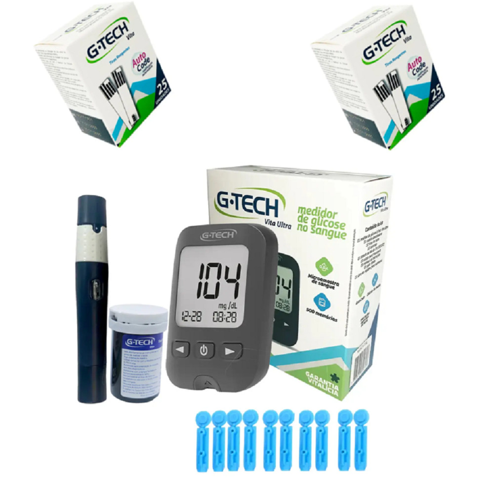 KIT MEDIDOR DE GLICOSE + 110 TIRAS G-TECH VITA ULTRA + 10 LANCETAS + CANETA GLICOSIMETRO