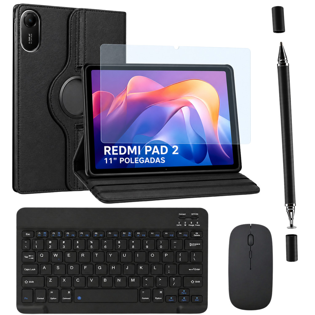 Kit para Tablet Redmi Pad 2 11" Pol Capa Giratória + Película de Vidro + Caneta Touch + Teclado e Mouse Bluetooth