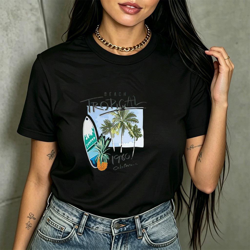 Camiseta Feminina Estampa Tropical Praia Surf Pinapple 1960 California Confortável Linda Estilosa Moda Feminina Verão