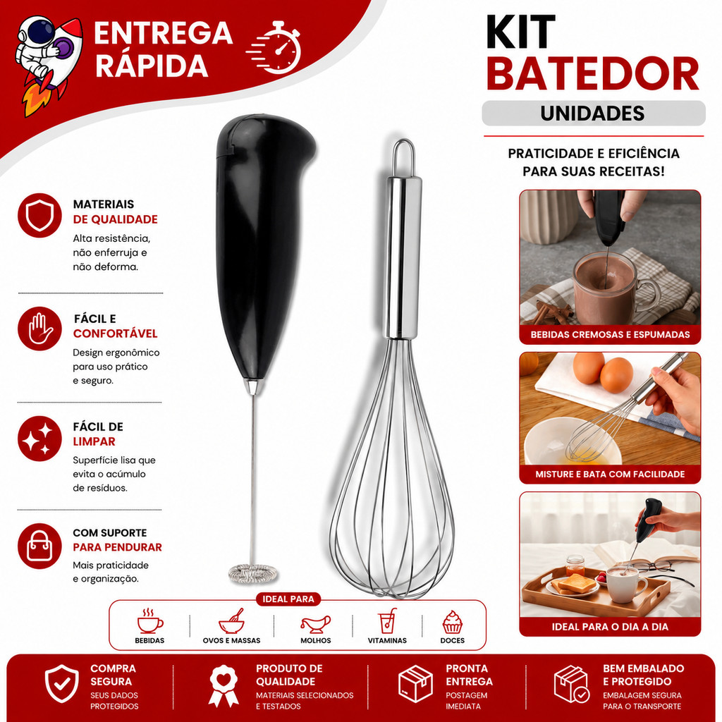 Kit 2 Utensílios de Cozinha Fouet Inox e Mixer Automático Misturador Bebidas e Ovos Premium