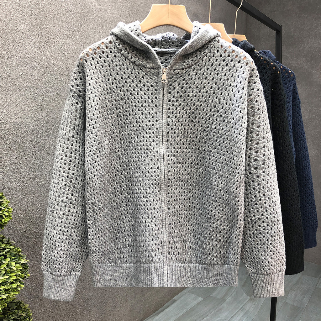 Cardigan com capuz oco malhas camisola masculina primavera outono casal jaqueta buraco Street Wear fora