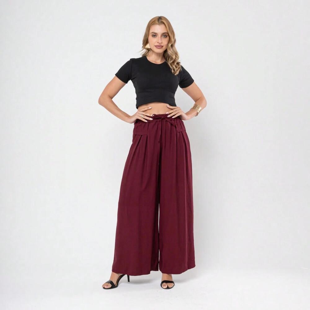 Vinho Calça feminina em tecido de fibra de gelo, calça de cintura alta com bolsos,saia-calça folgada de perna larga