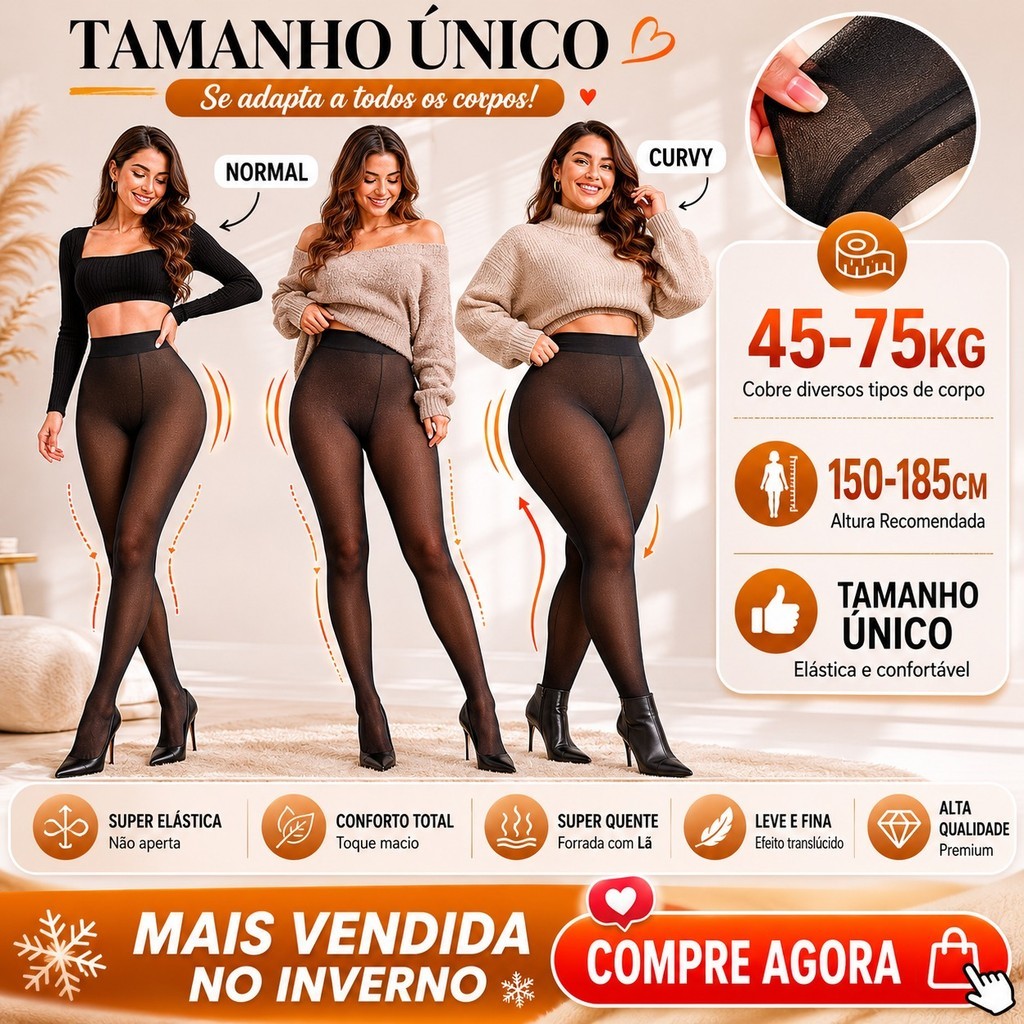 Meia-Calça Térmica Feminina Translúcida 220g Peluciada Cintura Alta Modeladora Super Quente Inverno