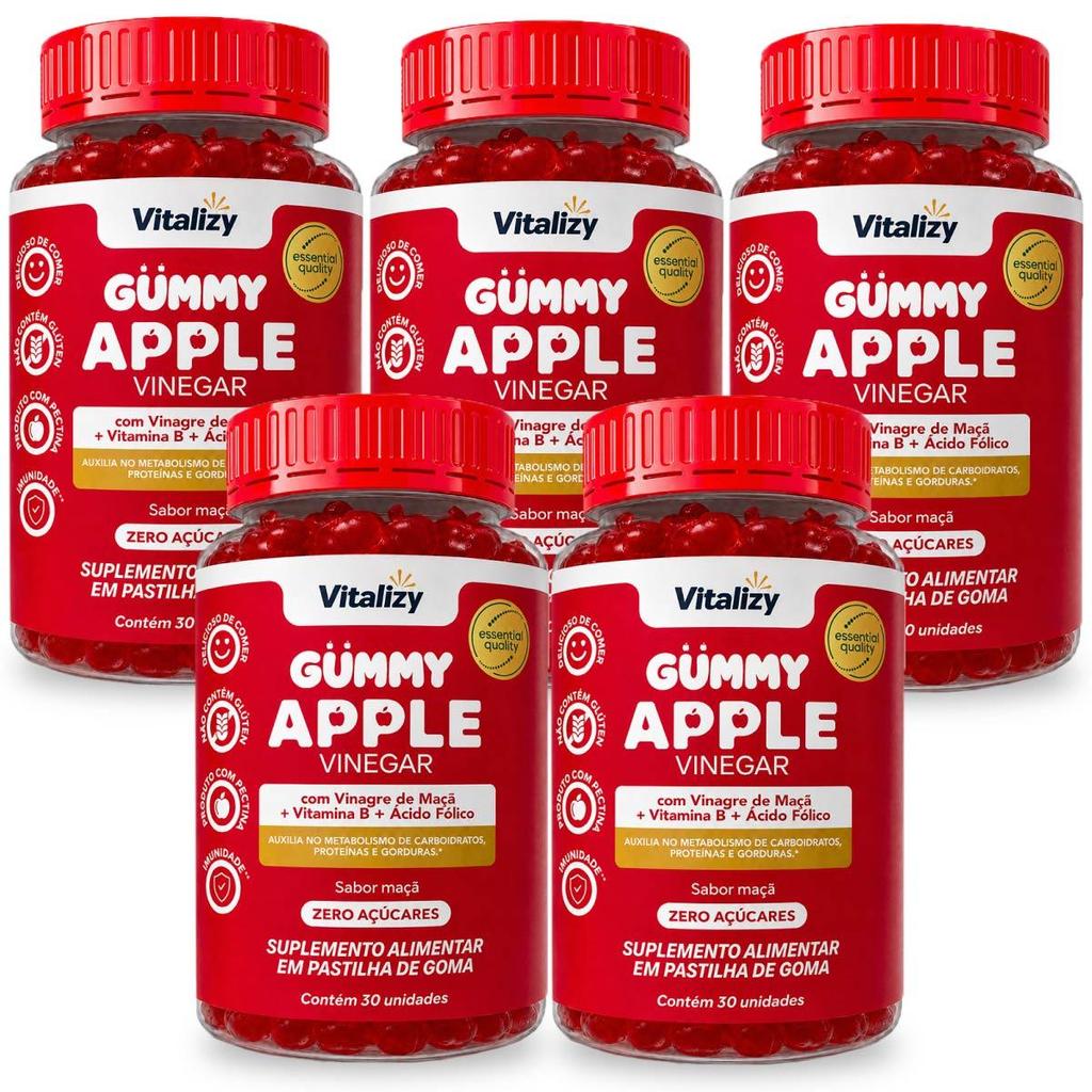 Kit 5x30 Gummy Vinagre de Maçã em Gomas Apple Cider Vinegar Zero Açúcar Vitalizy