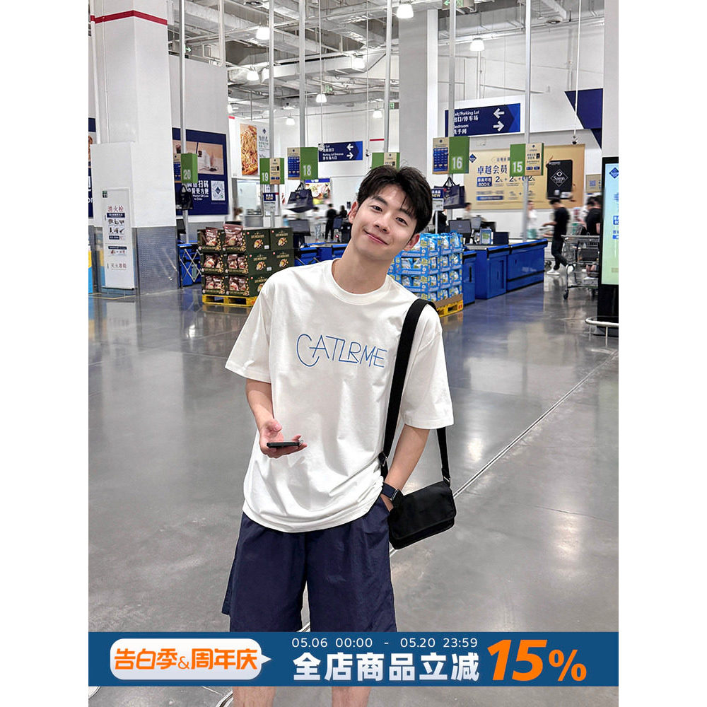 250g branco bordado Solona camiseta de manga curta em torno do pescoço 2026 novo estilo verão meninos solto todos @
