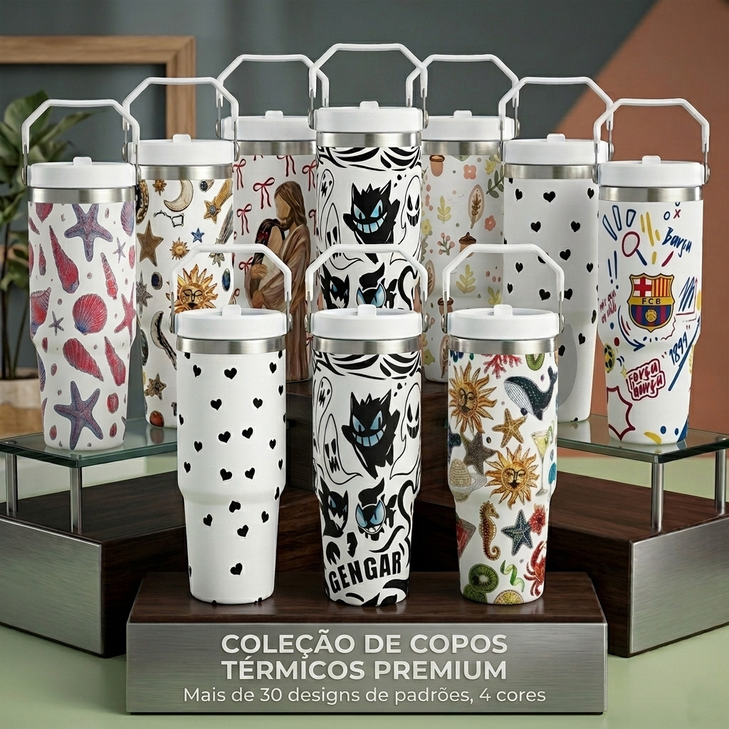 Copo Térmico Inox 890ml Grande Capacidade Tampa Canudo Alça Anime INS Estampas Ideal Presente Opções de Estampas