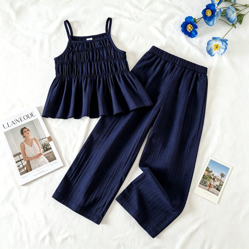 WFRV Crianças Meninas Roupa De Férias Spaghetti Strap Peplum Top E Calças De Perna Larga Conjunto Infantil Praia Casual
