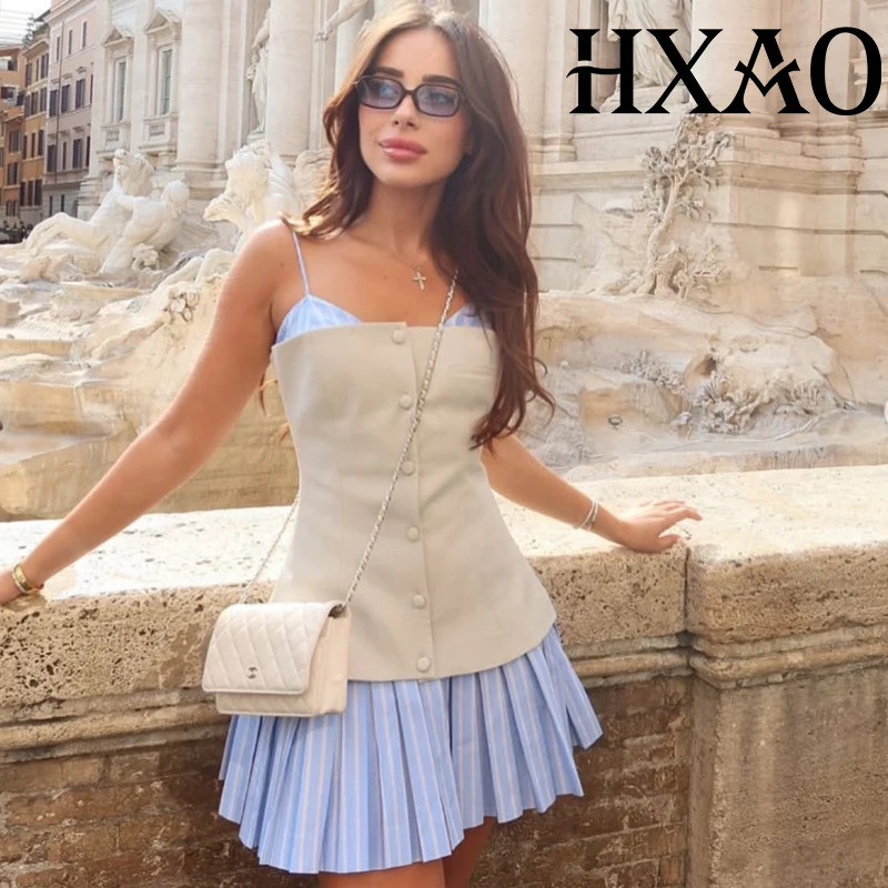 Vestido Feminino HXAO com Listras em Patchwork 2025, Vestido Mini Sem Mangas, Vestido Curto Plissado de, Vestido d
