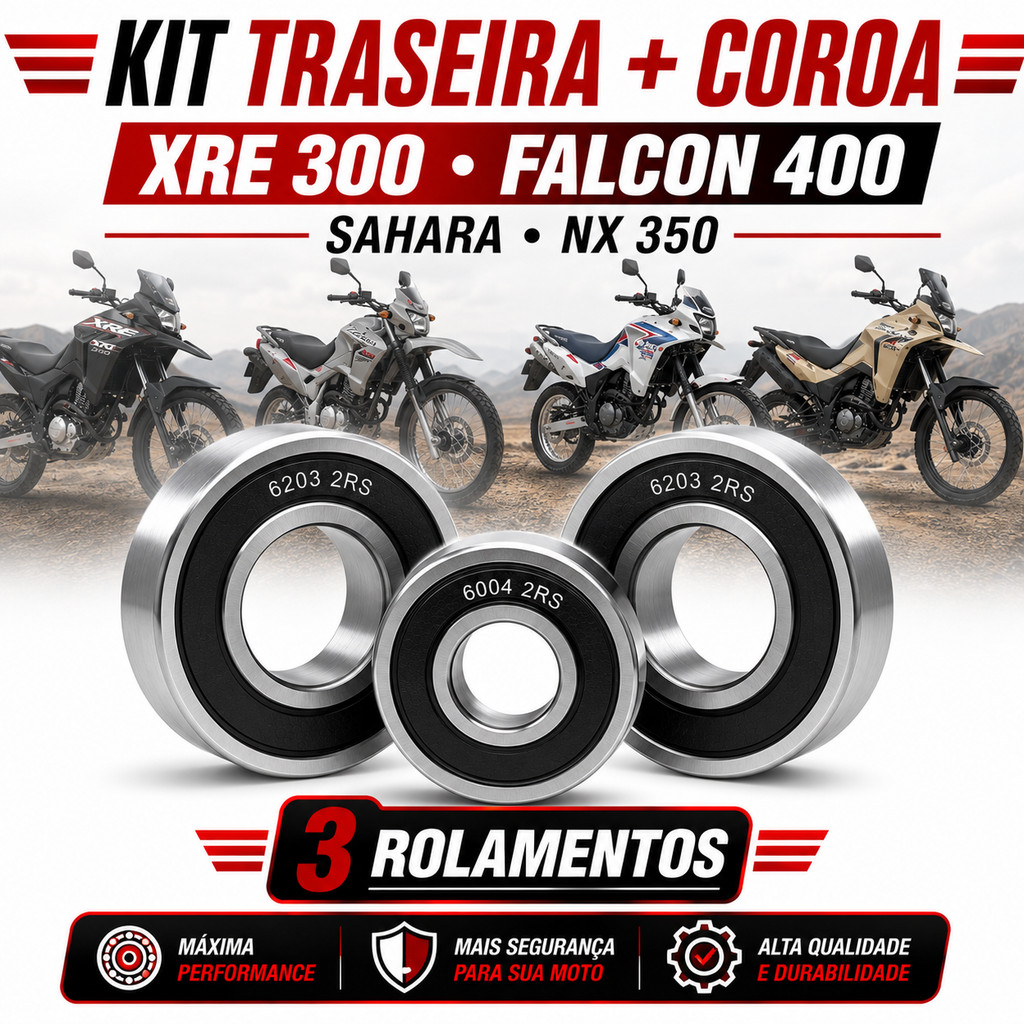 Kit 3 Rolamentos Roda Traseira E Flange da Coroa Para XRE 300 Falcon Sahara