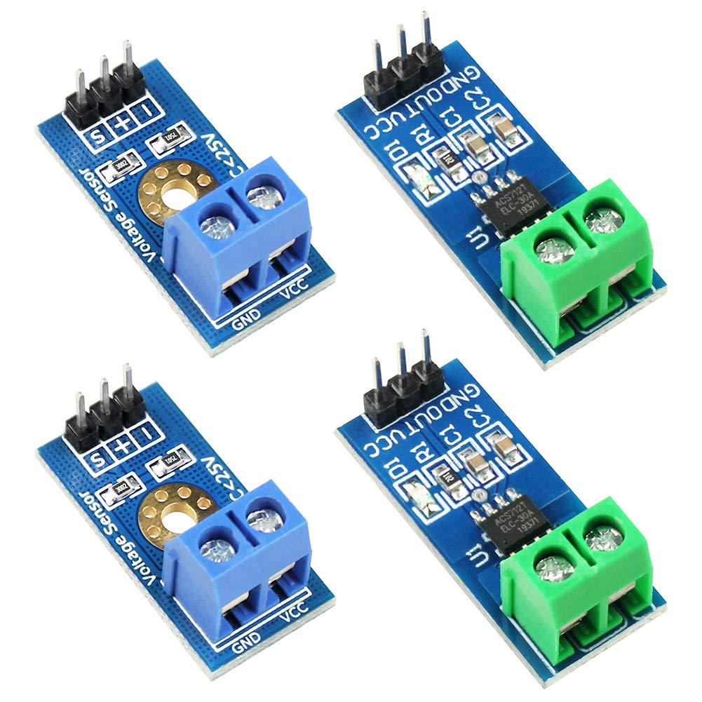 2 peças do Módulo Sensor de Corrente de Efeito Hall ACS712, faixa de 30A + 2 peças do Módulo Sensor de Tensão DC0-25V, T