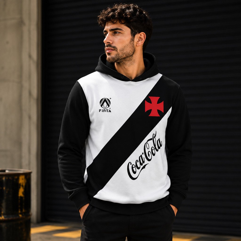 Blusa de Frio Moletom Full Capuz Fechado Estampa Time Futebol Preto e Branco Tecido Algodão