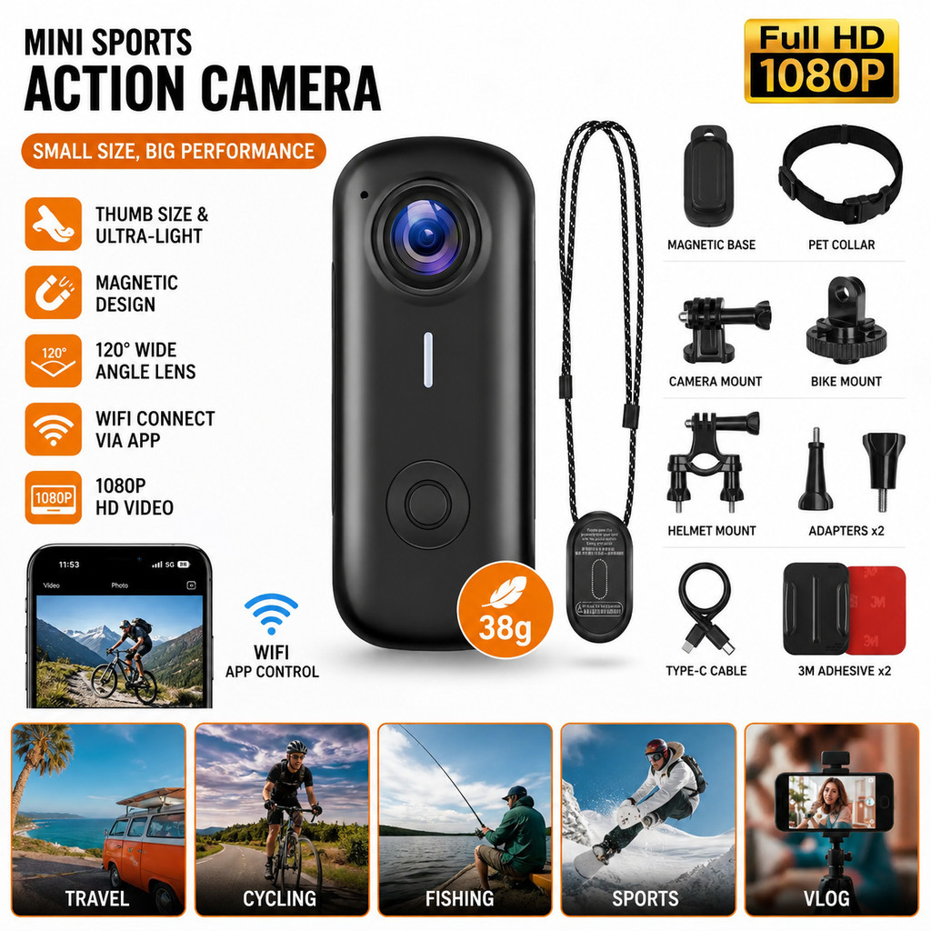 Mini Câmera De Ação 1080P À Prova D'água HD WiFi Para Modo De Retrato Ao Vivo E Vlogging COD