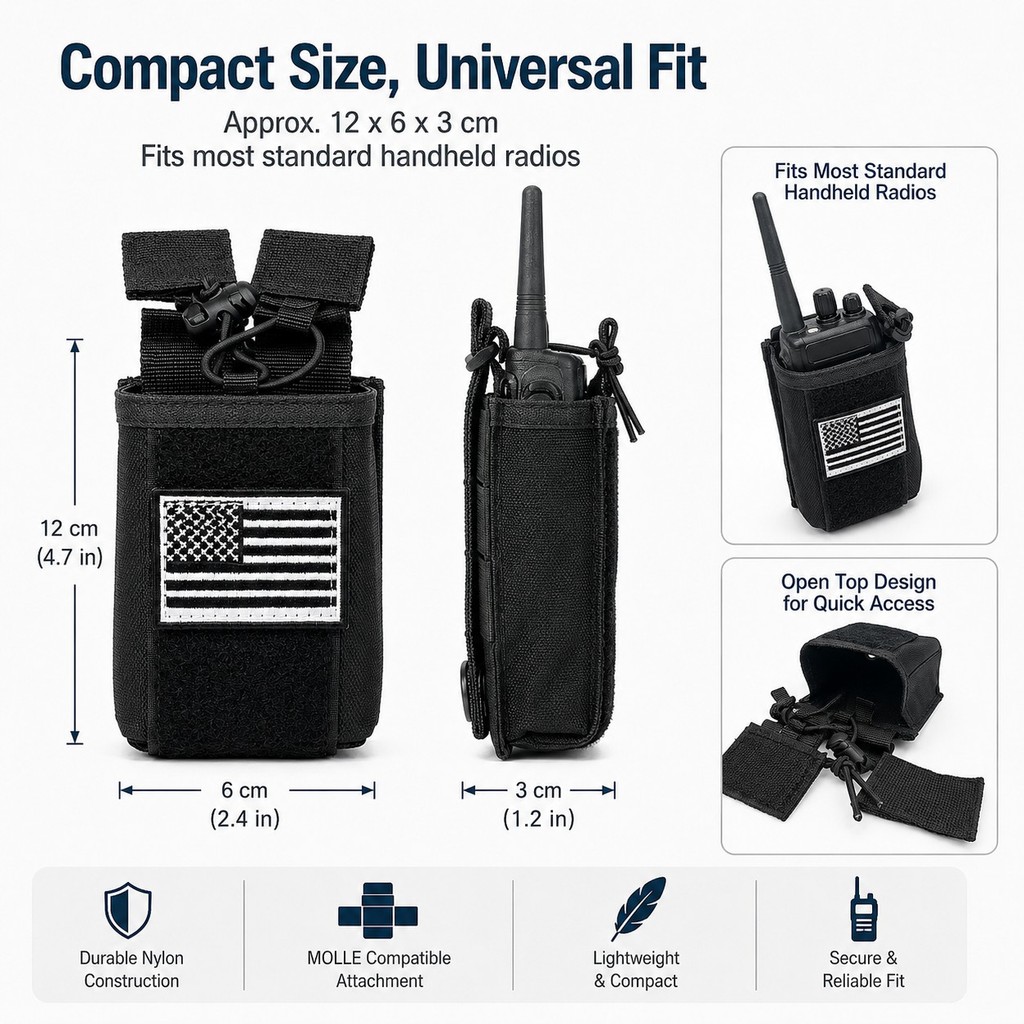 Bolsa MOLLE Para Rádio Tático Com 2 Remendos De Bandeira Dos Eua , Suporte Walkie Talkie De Nylon Resistente Cabo Elásti