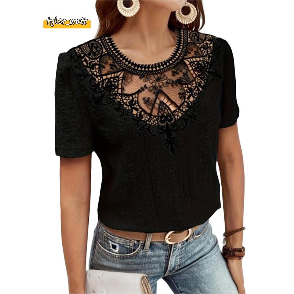 [tyler_w] Regatas Túnicas Femininas De Manga Curta Casual Camisa De Renda Blusas Pretas XXL