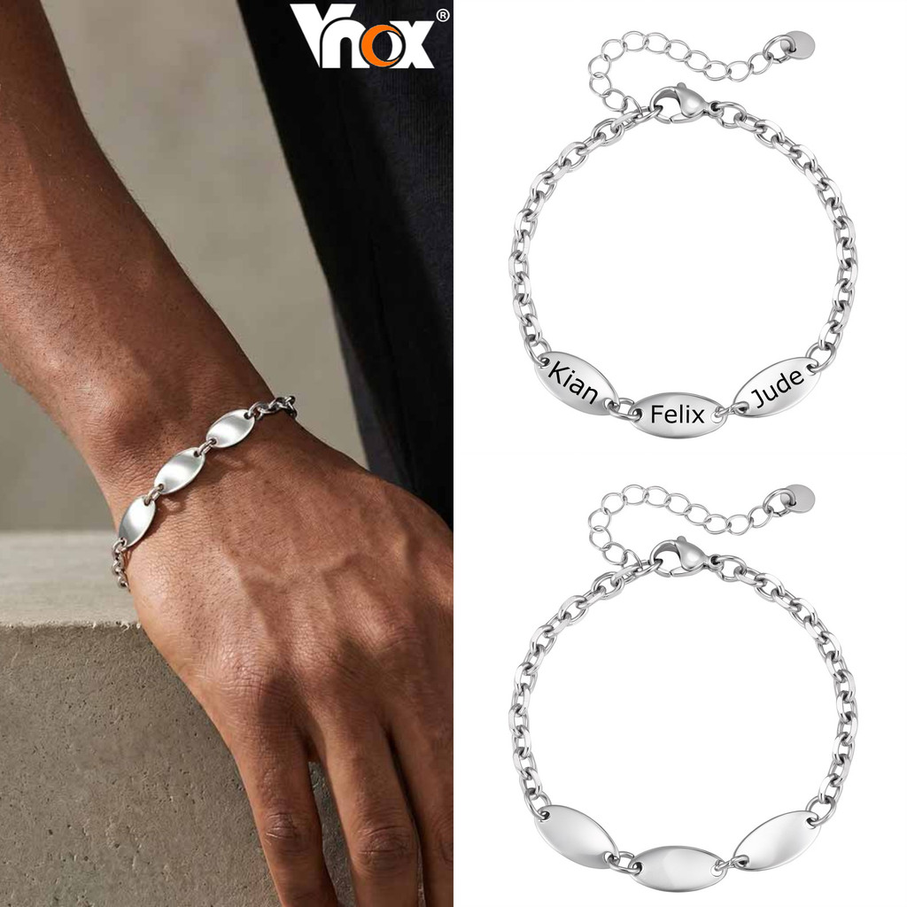 Pulseira Personalizada Vnox Para Homens , Nome Gravado , Corrente De Ligação De Onda Oval , Charme À Prova De Desbotamen