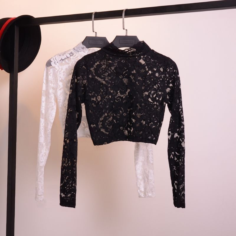 Gola de renda camisa de fundo preto branco malha camisa de renda feminina gola alta meia seção manga comprida oco pequen