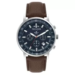 Relógio Masculino Technos Golf Prata Fundo Azul Pulseira Couro Marrom Analógico Original Presente JS25BCN0A