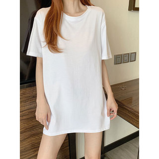 Branco longo algodão camiseta feminina verão em torno do pescoço solto meados de comprimento camiseta saia de manga curt