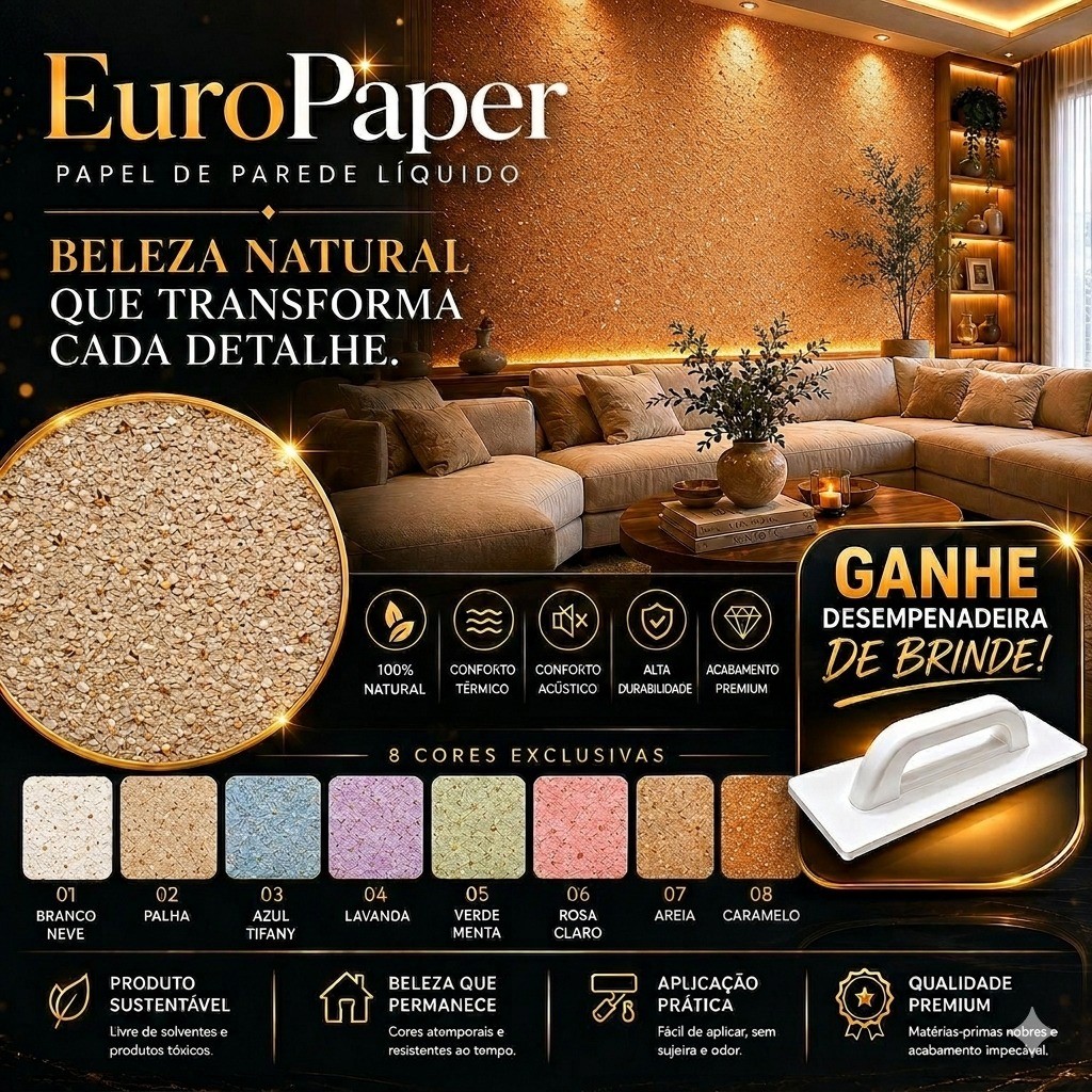 Papel de Parede Líquido Premium Textura Decoração de Ambientes Várias Cores + Desempenadeira Brinde