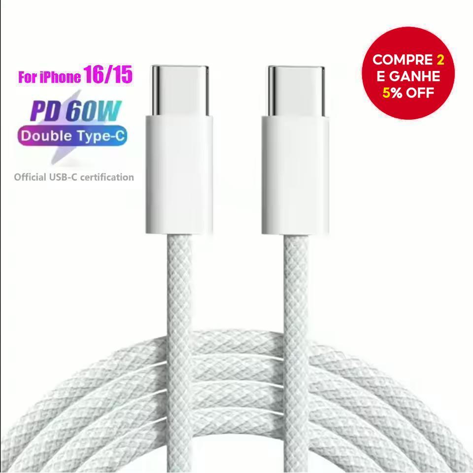 Cabo Rápido 1m Pd 60w - Proteção Anti-quebra - Tipo C Para C, Compatível Com Iphone 15/16 Pro Max