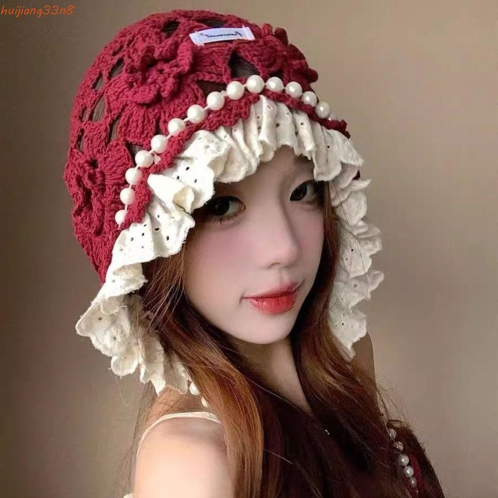 HUIJIANG Chapéu De Malha De Flor De Crochê , Gorros De Renda Fina Com Borlas De Pérola , Boné Coreano Feito À Mão Estilo