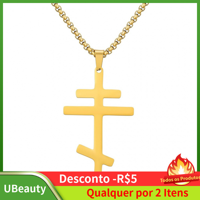 Colar com Pingente de Cruz Ortodoxa, Corrente de Aço Inoxidável Dourada, Crucifixo Religioso Bizantino, Pequeno, Colar d