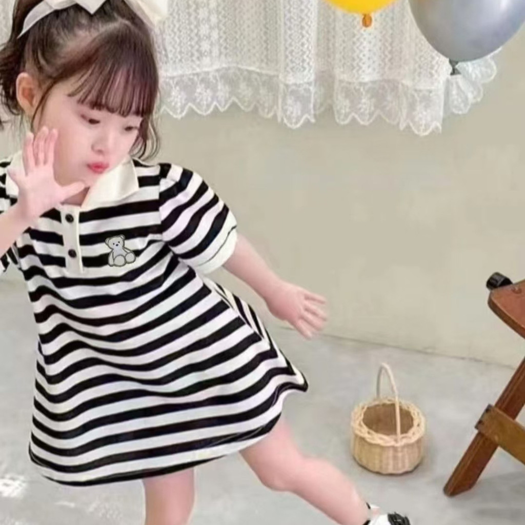 Meninas saia de manga curta médio pequeno crianças vestido de verão preto branco listrado saia bordada meados @-