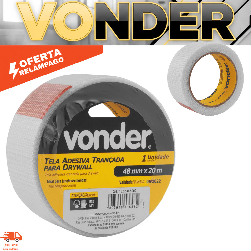 Fita Telada para Drywall 48mm x 20m VONDER Reforço para Juntas Emendas Gesso Alta Resistência