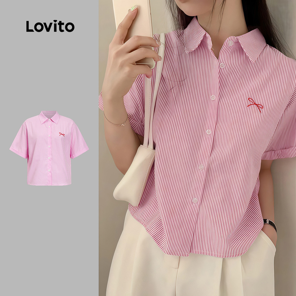 Lovito Rosa Casual Blusa Listrada Com Botões E Laço Para Mulheres LAD106666