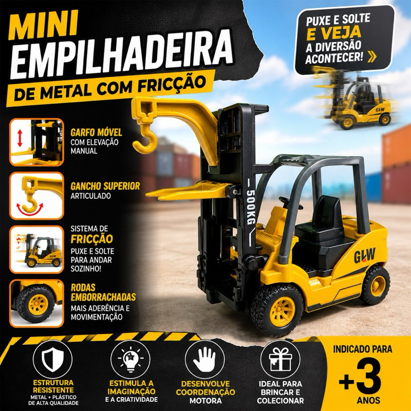 Miniatura Empilhadeira de Metal com Fricção – Carrinho de Brinquedo Realista 🚜✨