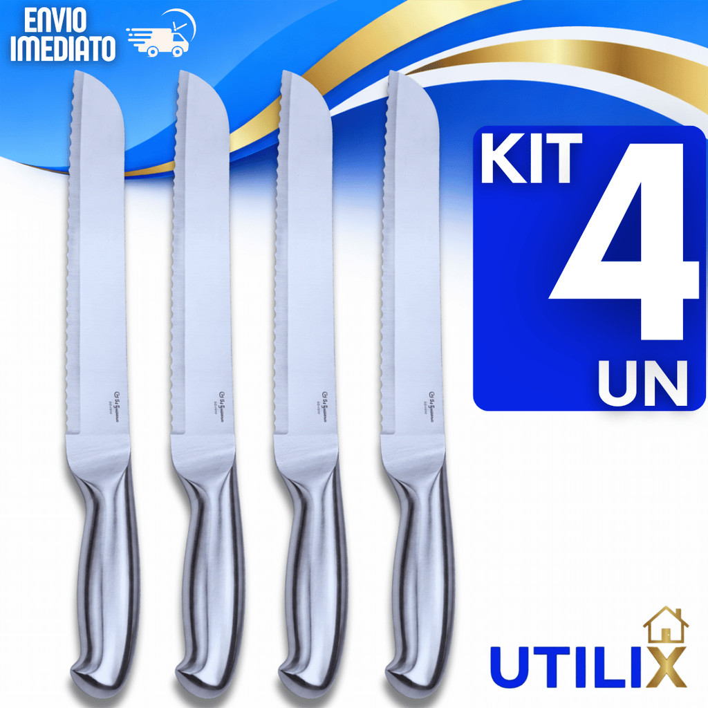 Combo Faca Pão Aço Inox 8' Serrilhada Bolos Tortas Cozinha Buffet Toda Inox Escovado Praticidades