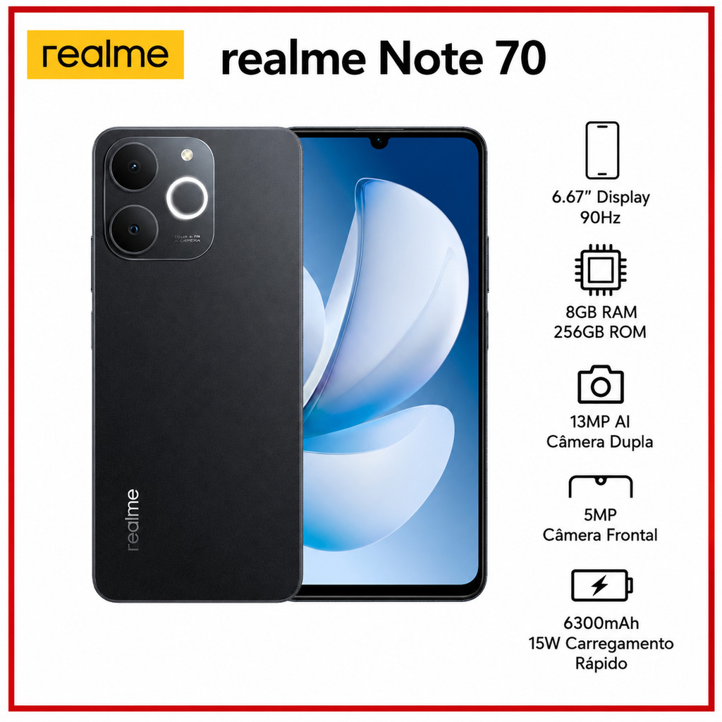 Smartphone Realme Note 70 4G Processador Unisoc T7250 Versão Global 256 + 4GB RAM / 256 + 8GB RAM