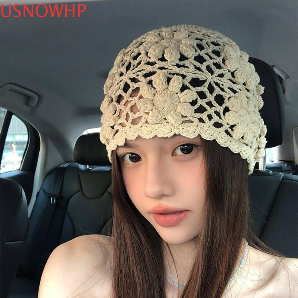 USNOWHP Bonés De Malha , Chapéu De Flor De Crochê Oco Feito À Mão , Gorros Femininos Y2k Tecer Streetwear