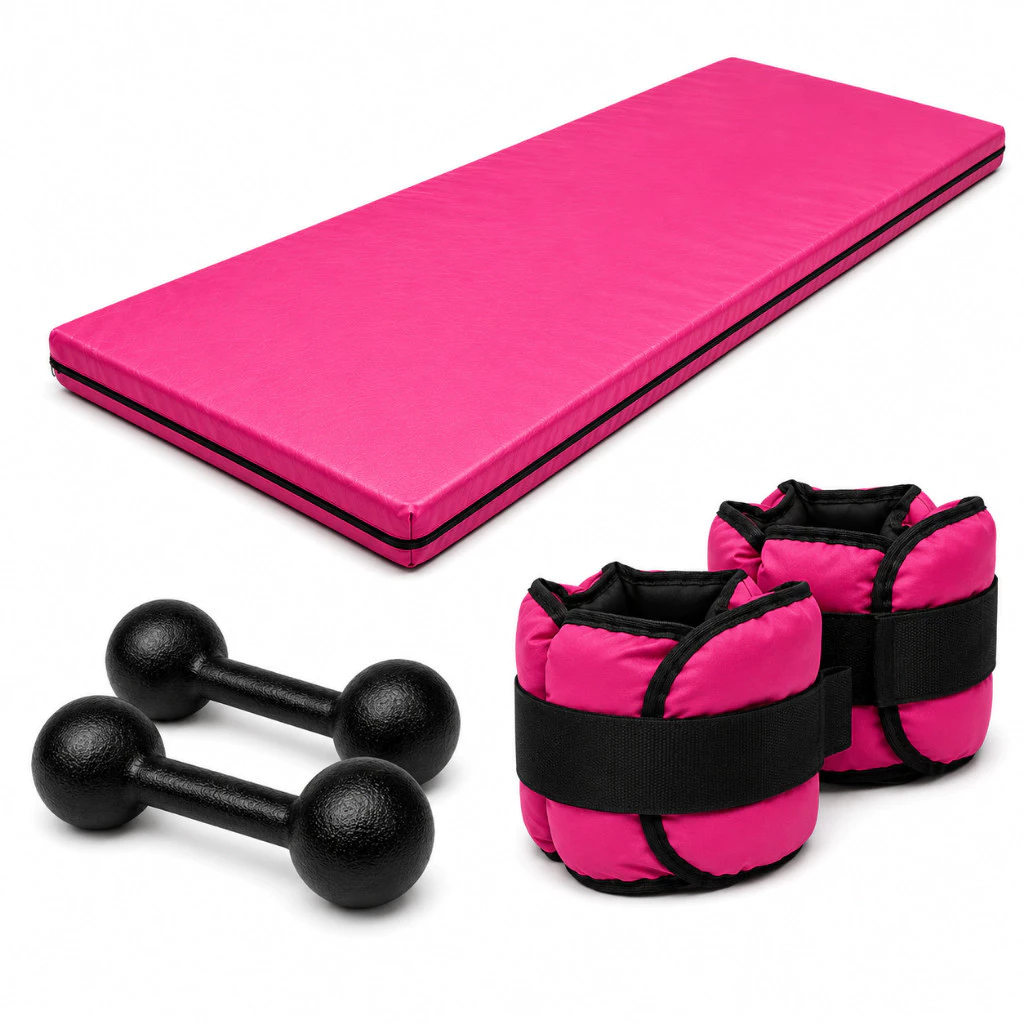 KIT FITNESS COMPLETO COLCHONETE ROSA + PAR 1KG HALTER BOLA + PAR 1KG CANELEIRA ROSA | TREINO EM CASA OU ACADEMIA TL — imagem 1