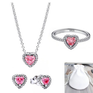Conjunto de 4 Peças em Prata S925 com Zircônia Rosa Brilhante: Anel em Forma de Coração + Colar + Brincos + Bolsa de Vel
