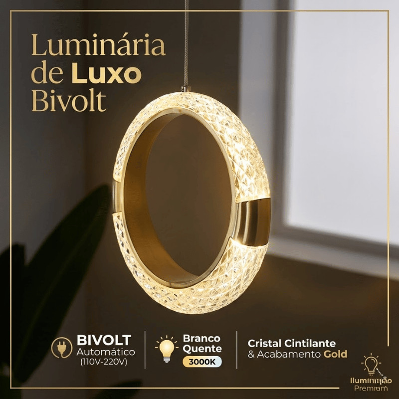 Lustre de LED Pendente Gold Tipo Cristal Arco Dourado Decoração Luminária Teto Salas Cozinhas Halls