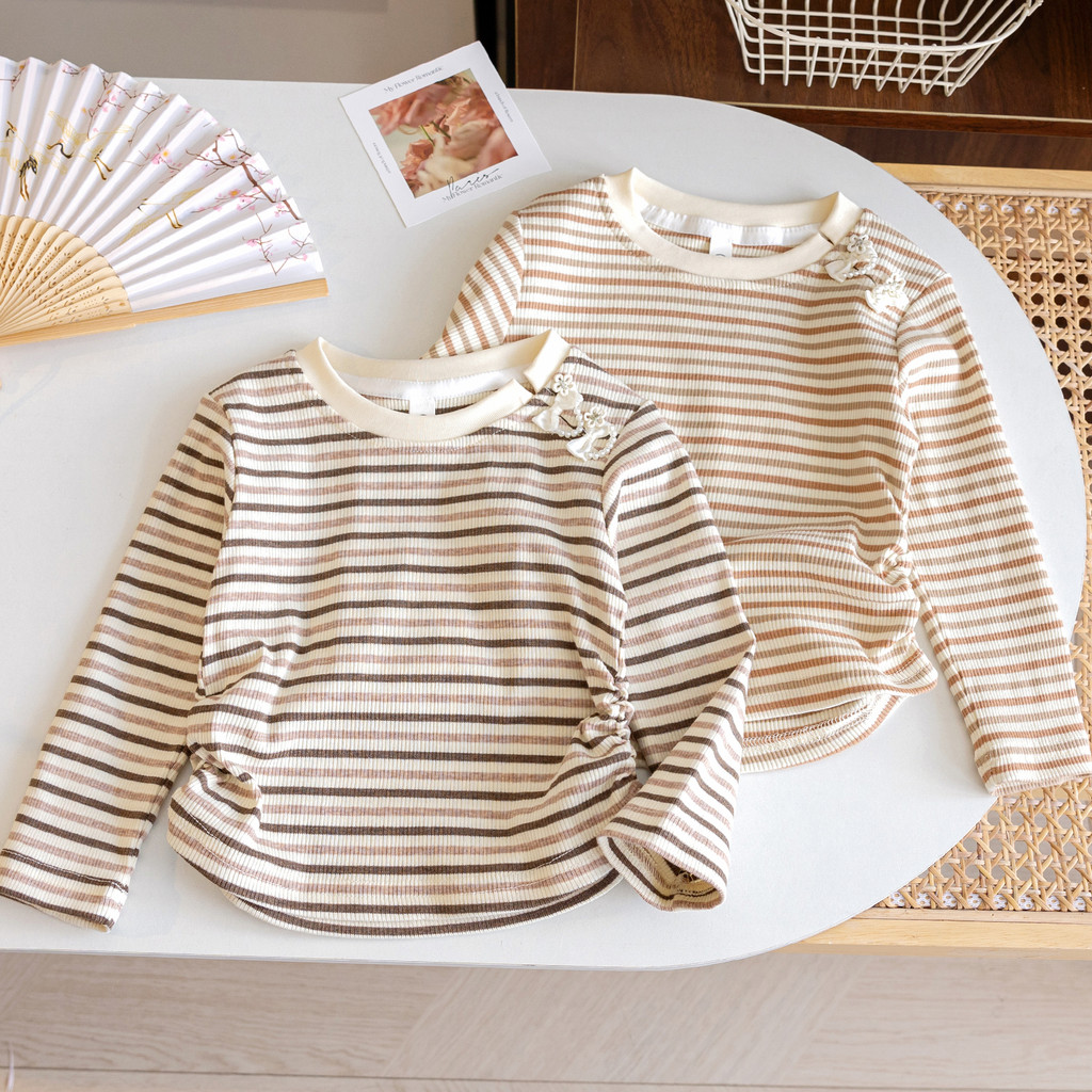 Meninas de manga comprida camiseta listrado topo primavera outono estilo Bowknot camisa de fundo médio pequenas crianças