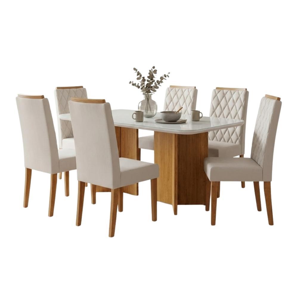 Conjunto Sala de Jantar Mesa 1,60m com vidro Montreal 6 Cadeiras Bele