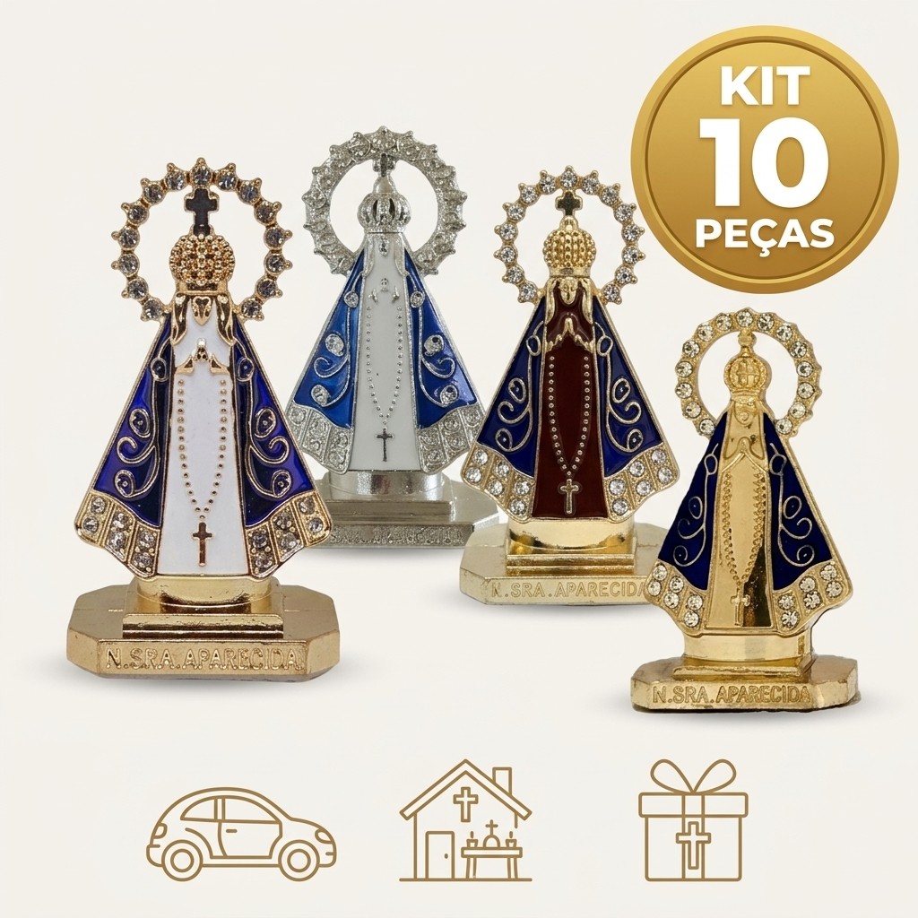 10 Mini Imagens Nossa Senhora Aparecida Metal Decorativo com Strass para Lembrancinha