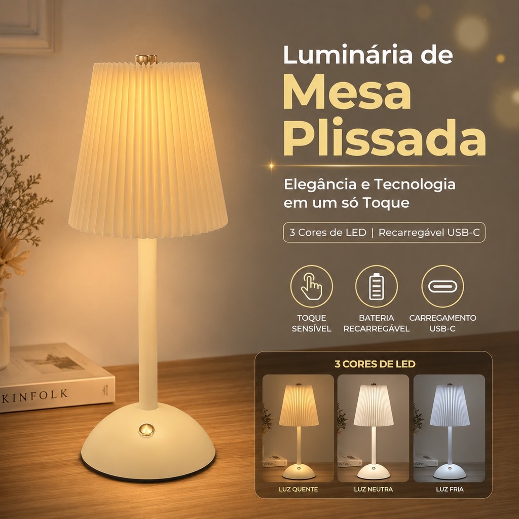 Abajur Luminária De Mesa Plissado Led Touch Recarregável 3 Cores