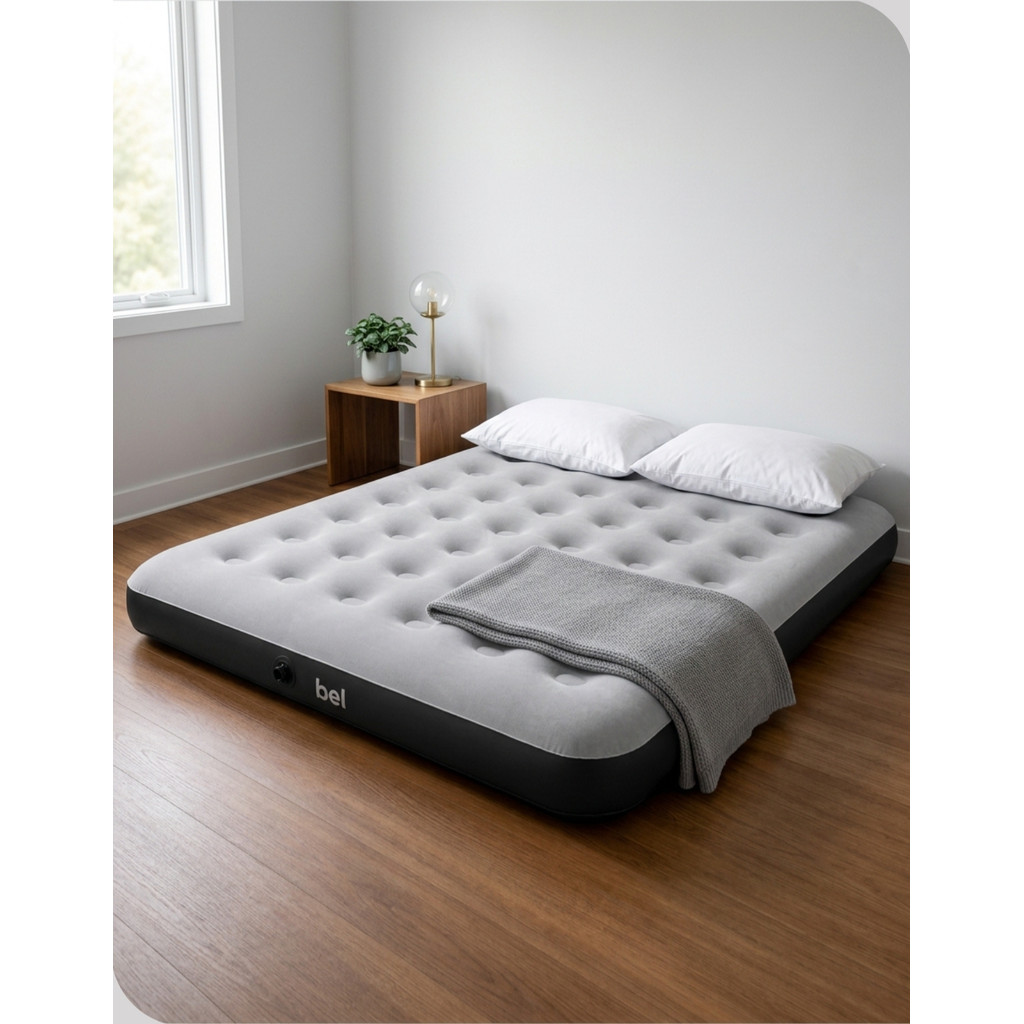 Colchão Inflável Casal Cinza Aveludado 193cm x 137cm Camping Viagem Conforto Suporta 300kg Belfix